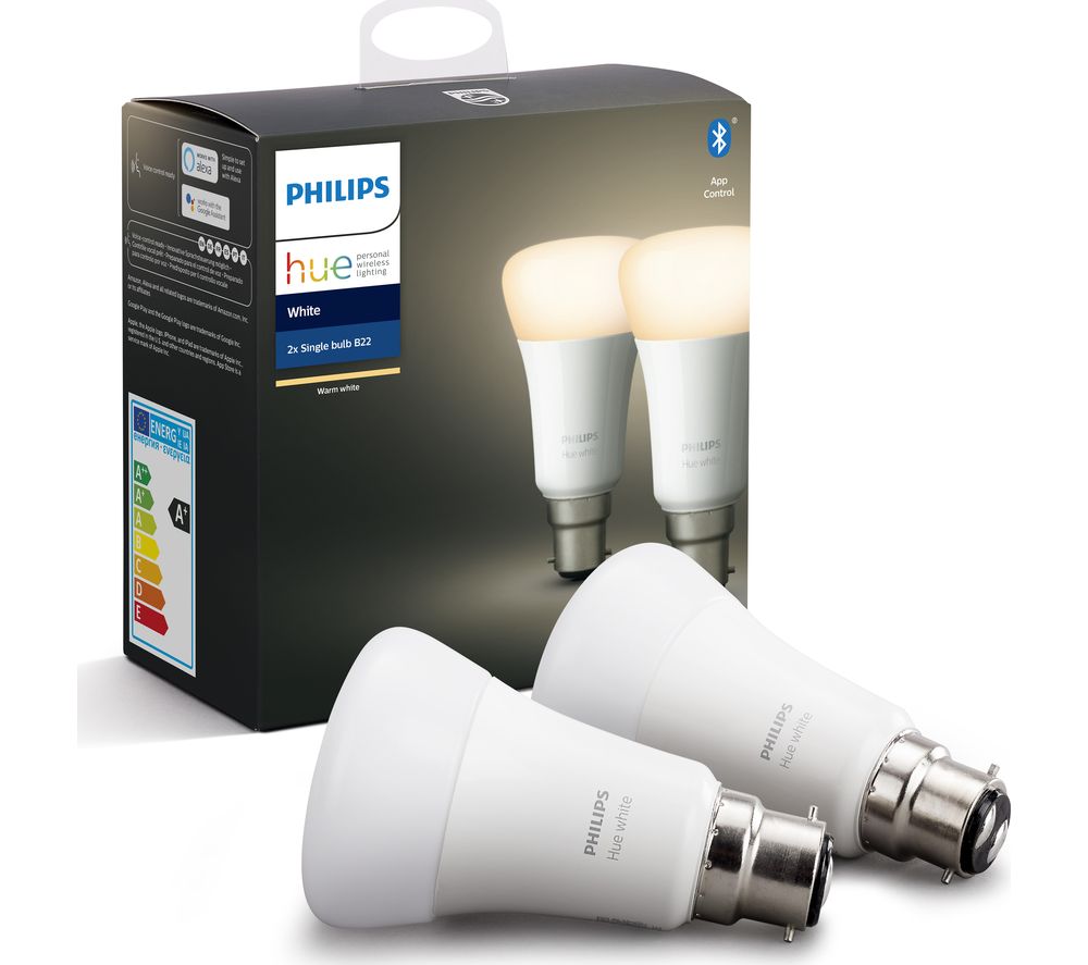 PHILIPS HUE Hue White Bluetooth LED Bulb - B22, Twin Pack, White