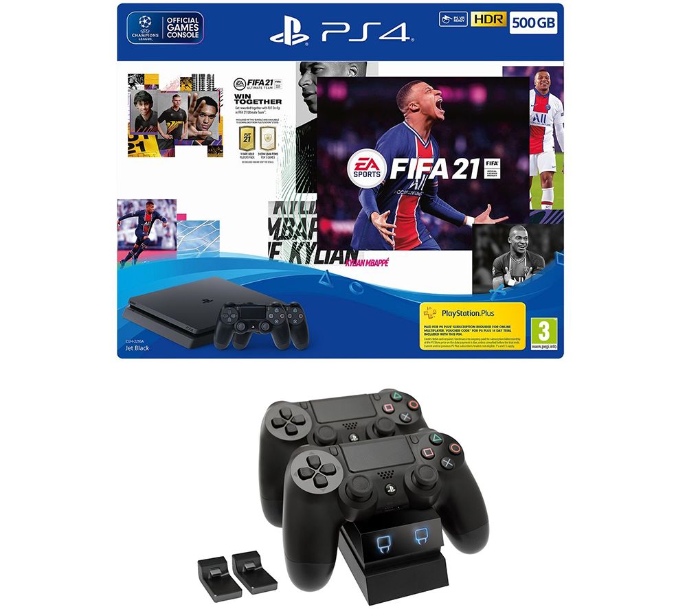 SONY PlayStation 4 with FIFA 21, Two DualShock Wireless Controllers & Twin Docking Station Bundle - 500 GB, Red