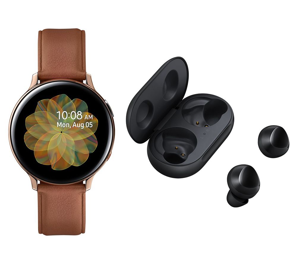 SAMSUNG Galaxy Watch Active2 4G & Black Galaxy Buds Bundle - Gold, Leather & Stainless Steel, 44 mm, Stainless Steel