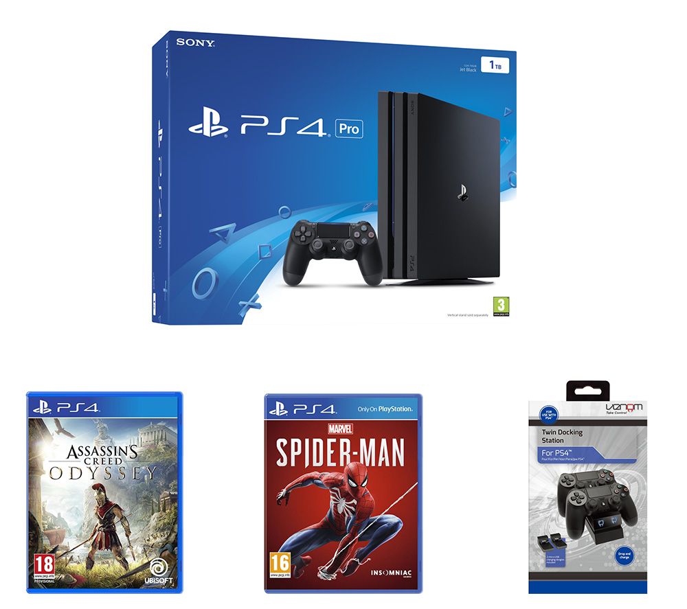 SONY PlayStation 4 Pro, Spider-Man, Assassin's Creed Odyssey & Twin Docking Station Bundle, Red