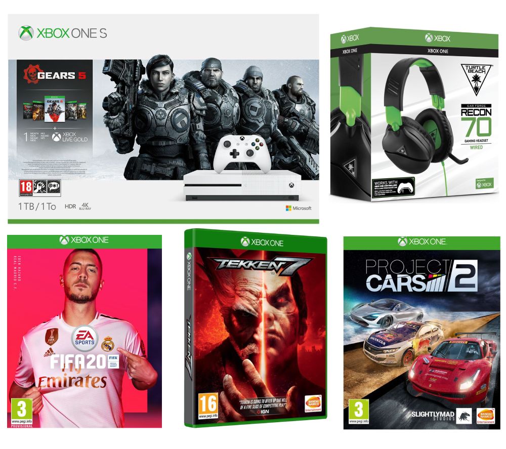 MICROSOFT Xbox One S with Gears 5, FIFA 20, Tekken 7, Project Cars 2 & Recon 70X Gaming Headset Bundle