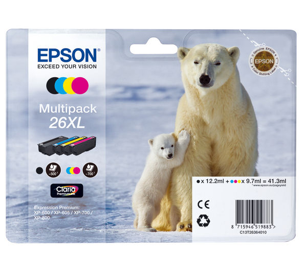 EPSON Polar Bear T2636 XL Cyan| Magenta| Yellow & Black Ink Cartridge - Multipack, Black & Tri-colour,Tri-colour