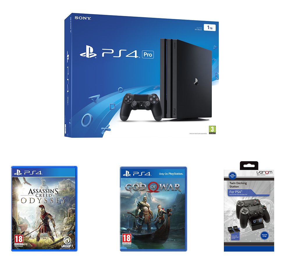 SONY PlayStation 4 Pro, Assassin's Creed Odyssey, God of War & Twin Docking Station Bundle, Red
