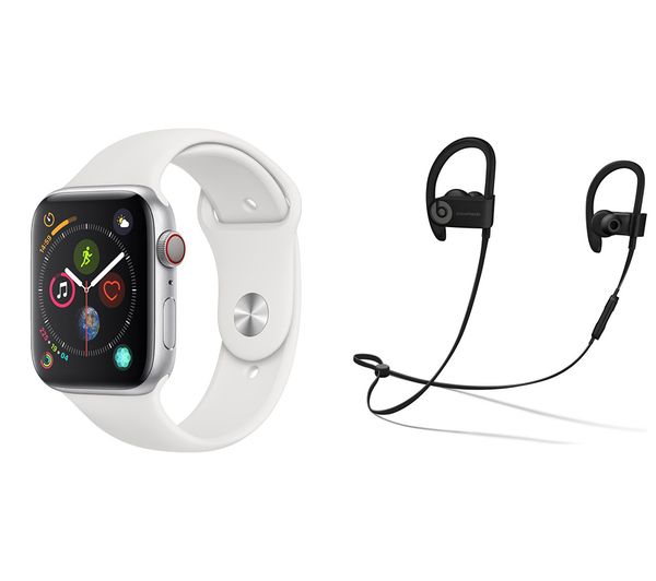 APPLE Watch Series 4 Cellular & Beats Powerbeats3 Wireless Bluetooth Headphones Bundle - Silver & White Sports Band, 44 mm, Silver