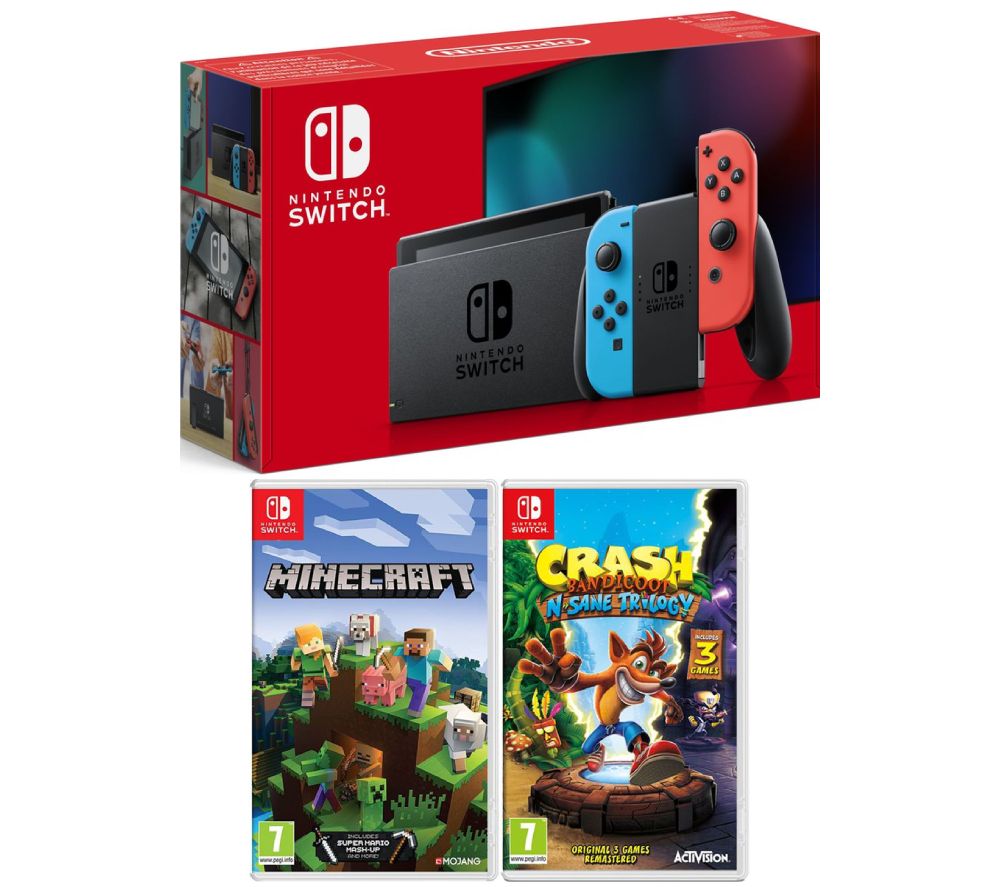 NINTENDO Switch Neon Red & Blue, Minecraft & Crash Bandicoot N-Sane Trilogy Bundle, Neon