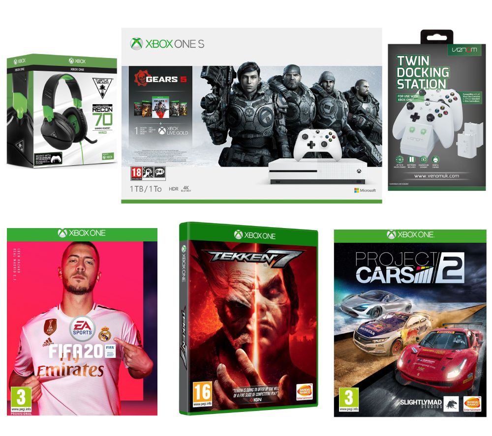 MICROSOFT Xbox One S with Gears 5, FIFA 20, Tekken 7, Project Cars 2, Twin Docking Station & Recon 70X Gaming Headset Bundle