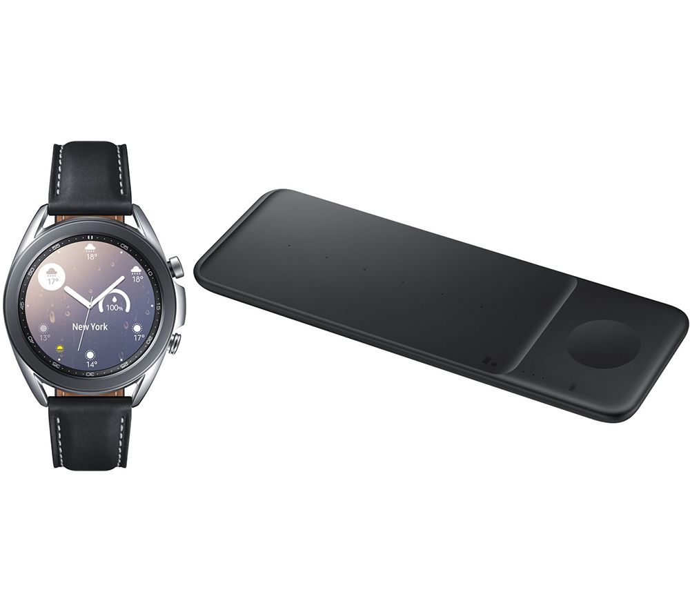 SAMSUNG Galaxy Watch3 & Wireless Charger Trio Bundle - Mystic Silver, 41 mm, Silver