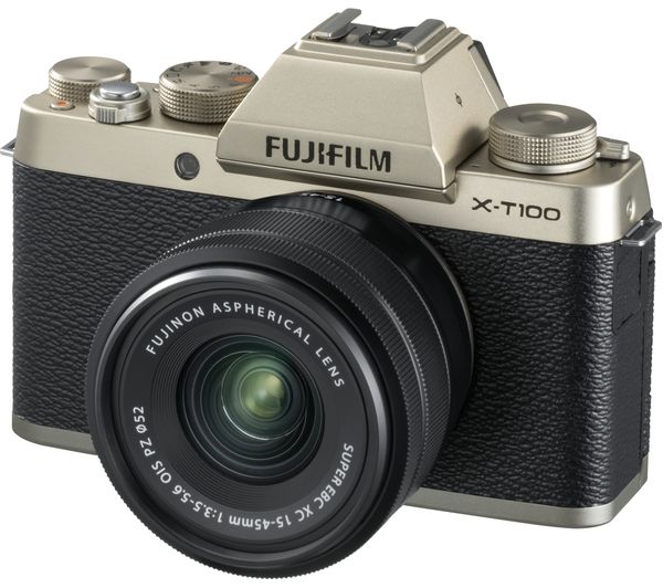 FUJIFILM X-T100 Mirrorless Camera with FUJINON XC 15-45 mm f/3.5-5.6 OIS PZ Lens - Champagne Gold, Gold