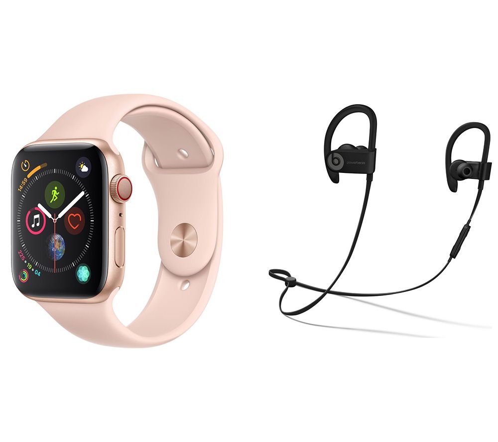 APPLE Watch Series 4 Cellular & Beats Powerbeats3 Wireless Bluetooth Headphones Bundle - Gold & Pink Sports Band, 44 mm, Gold