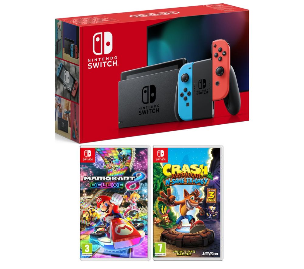 NINTENDO Switch Neon Red & Blue, Mario Kart 8 Deluxe & Crash Bandicoot N-Sane Trilogy Bundle, Neon