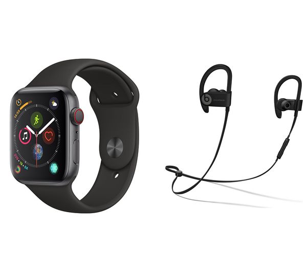 APPLE Watch Series 4 Cellular & Powerbeats3 Wireless Bluetooth Headphones Bundle - Space Grey & Black Sports Band, 44 mm, Grey