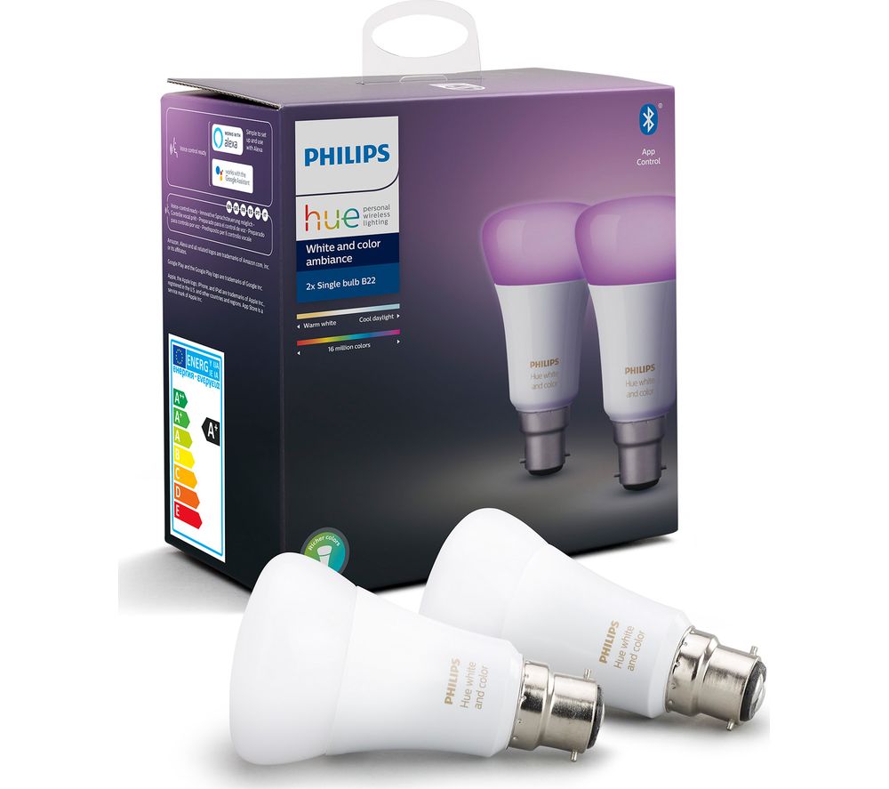 PHILIPS HUE Hue White & Colour Ambiance Bluetooth LED Bulb - B22, Twin Pack