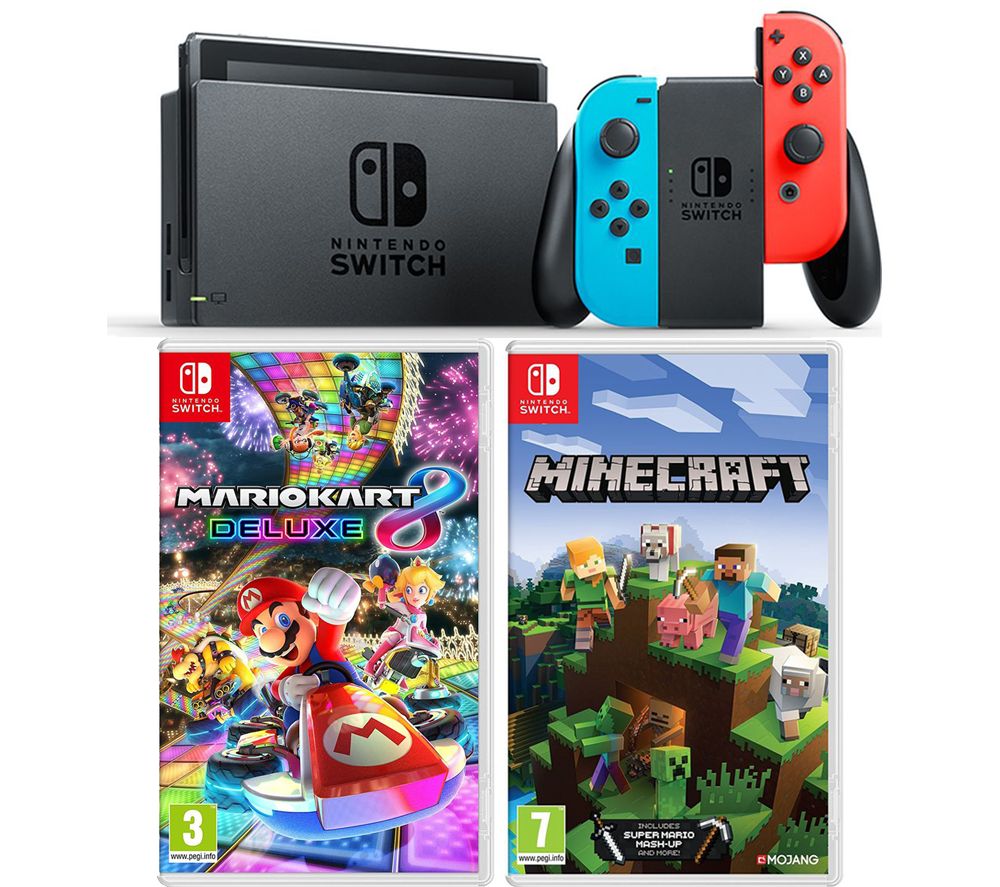 Nintendo Switch Neon Red & Blue, Minecraft & Mario Kart 8 Deluxe Bundle, Black