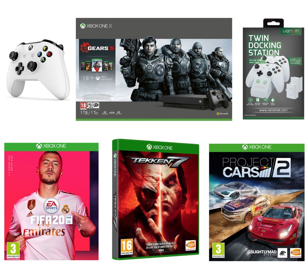 MICROSOFT Xbox One X with Gears 5, FIFA 20, Tekken 7, Project Cars 2, Wireless Controller & Docking Station Bundle - 1 TB