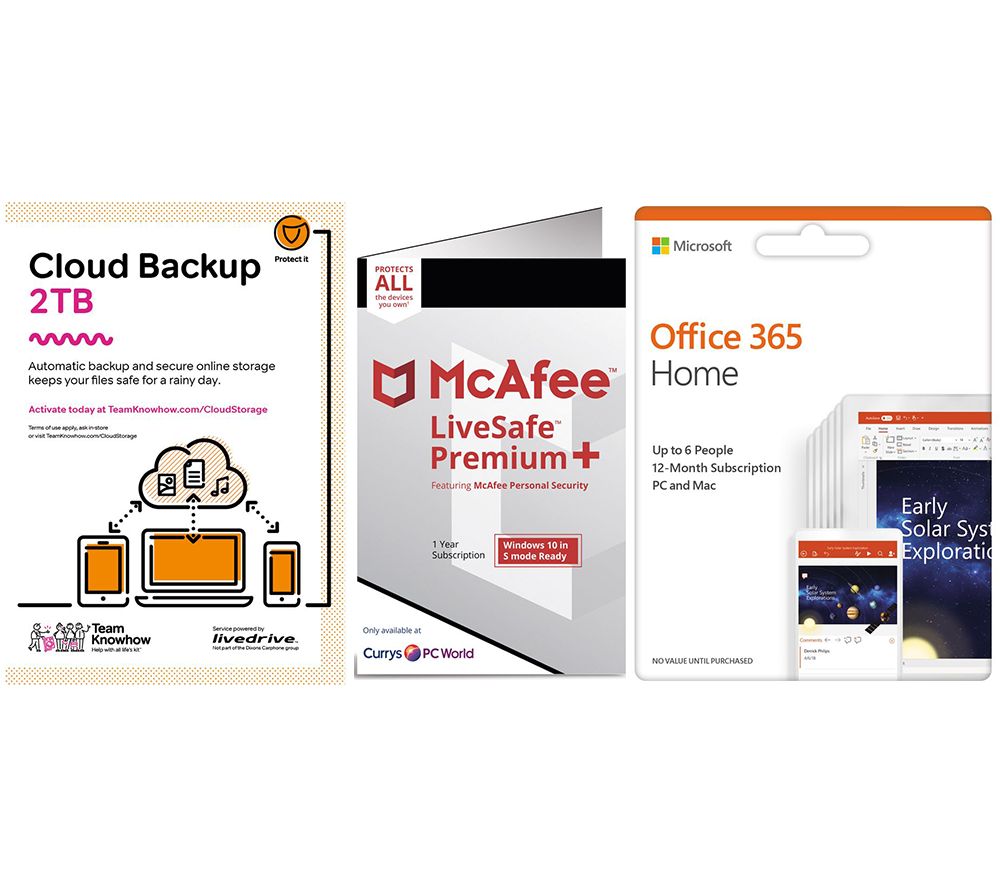 MCAFEE LiveSafe Unlimited Devices, Microsoft Office 365 6 Users & Knowhow 2 TB Cloud Backup Bundle - 1 year