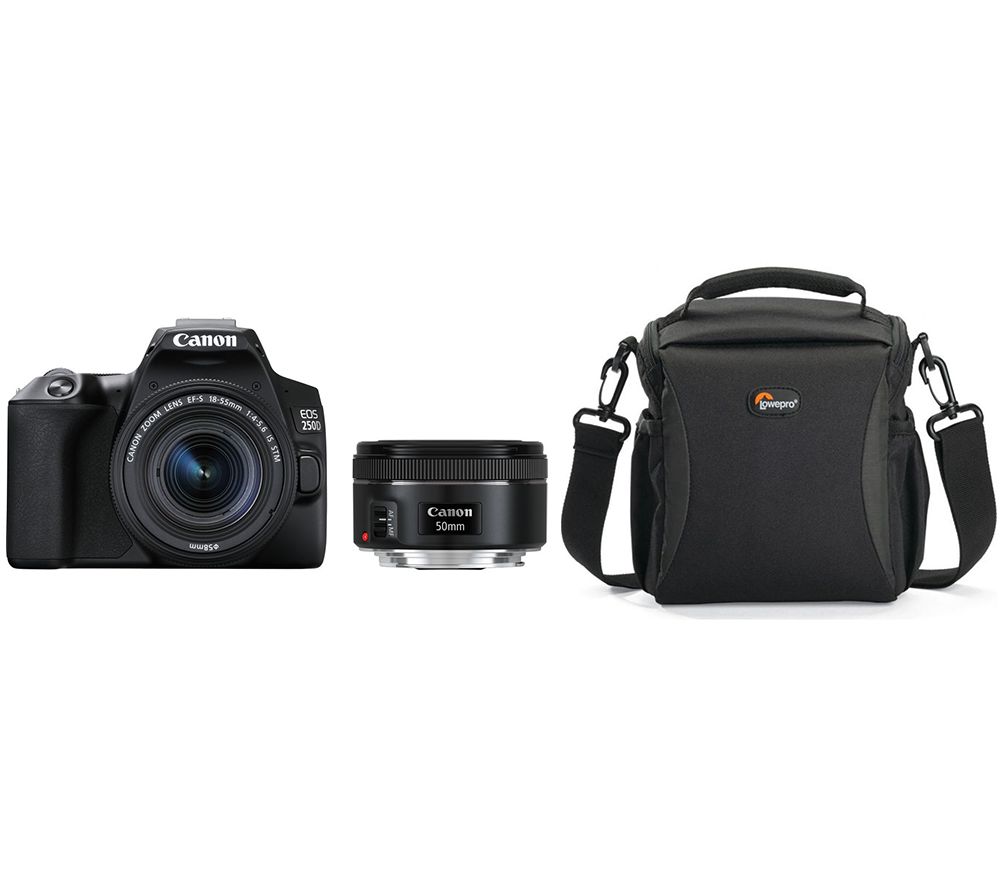 CANON EOS 250D DSLR Camera with EF-S 18-55 mm f/3.5-5.6 III Lens, EF 50 mm f/1.8 STM Lens & Bag Bundle, Black