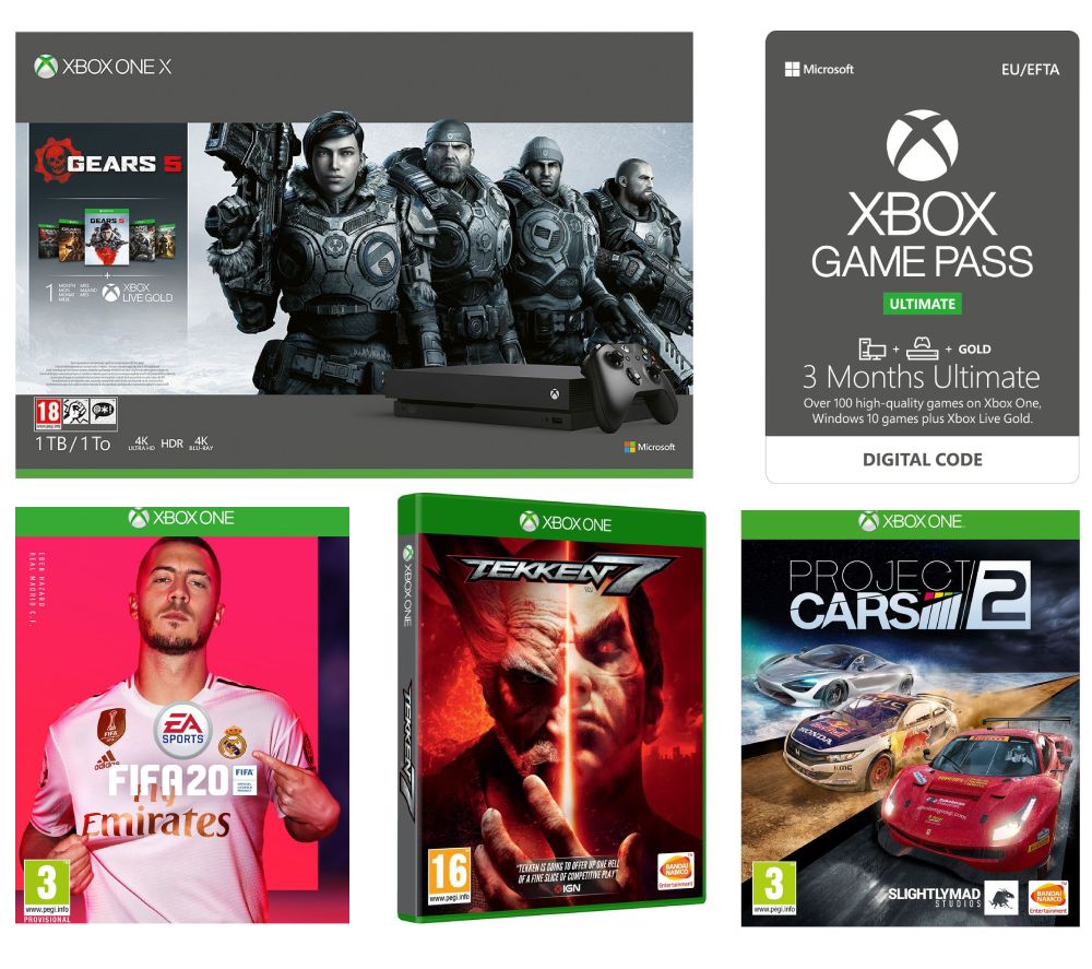 MICROSOFT Xbox One X with Gears 5, FIFA 20, Tekken 7, Project Cars 2 & 3 Month Game Pass Bundle - 1 TB, Gold