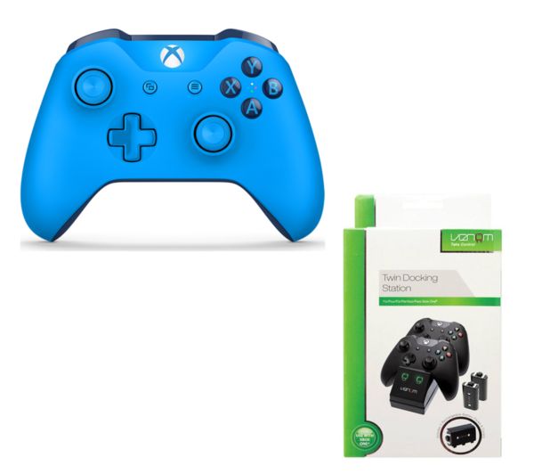 MICROSOFT Xbox One Wireless Gamepad & VS2851 Xbox One Twin Docking Station Bundle, Blue