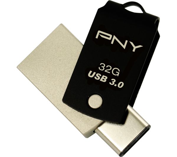 PNY Duo-Link USB 3.0 and USB Type-C Memory Stick - 32 GB, Black, Black