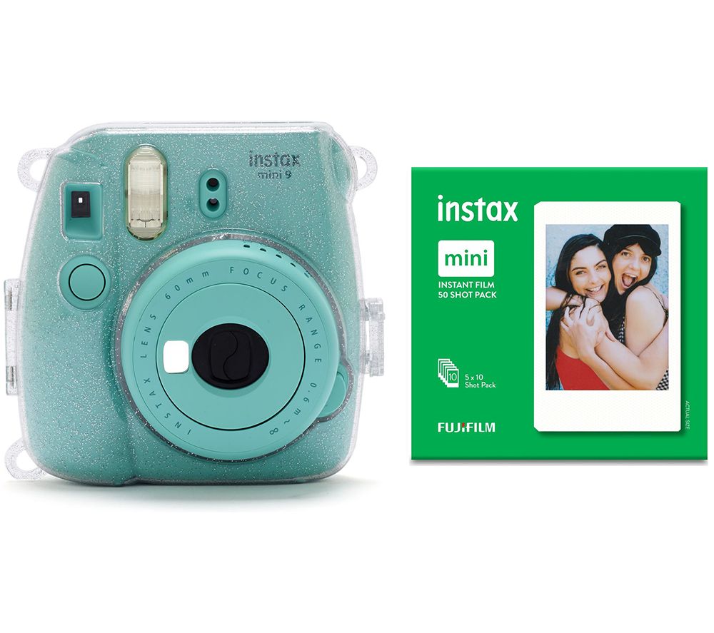 INSTAX mini 9 Instant Camera with Film, Case, LED Peg Lights, Frame Stickers & 50 Shot Pack Bundle - Aquamarine, Aquamarine