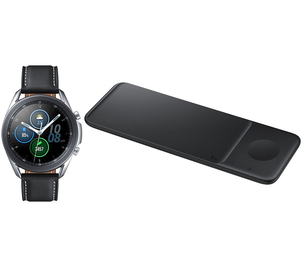 SAMSUNG Galaxy Watch3 4G & Wireless Charger Trio Bundle - Mystic Silver, 45 mm, Silver