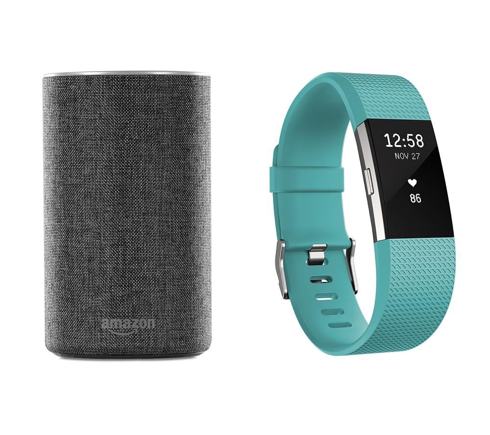 FITBIT Charge 2 (Teal, Large) & Amazon Echo (Charcoal) Bundle, Teal