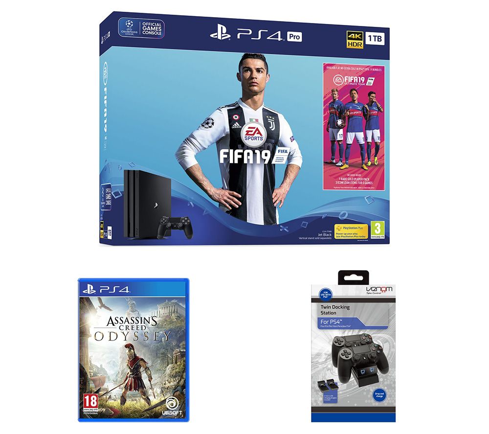 SONY PlayStation 4 Pro, FIFA 19, Assassin's Creed Odyssey & Twin Docking Station Bundle, Red