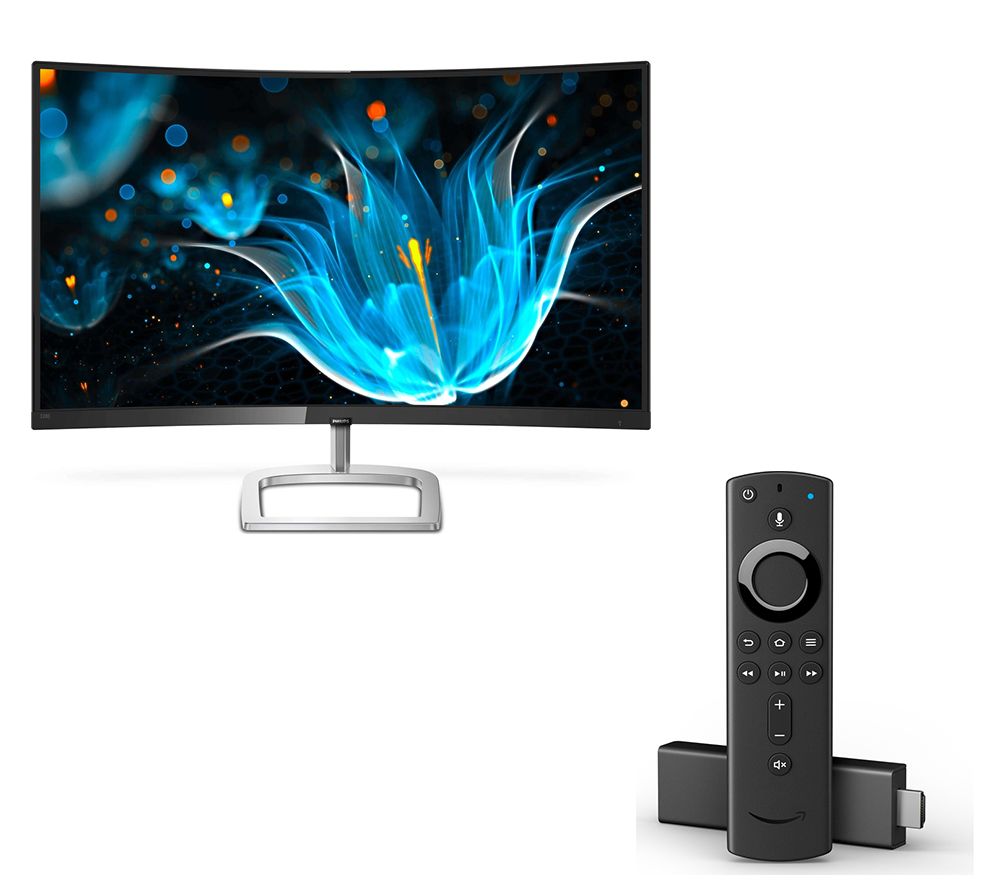 PHILIPS 328E9QJAB Full HD 31.5" Curved LED Monitor & Fire TV Stick 4K with Alexa Voice Remote Bundle, Blue
