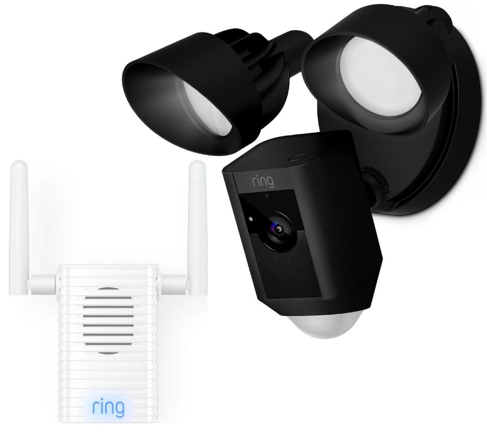 RING Floodlight Cam & Chime Pro Wi-Fi Extender & Indoor Door Chime Bundle - Black, Black