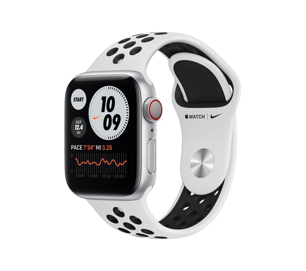 APPLE Watch Series 6 Cellular - Silver Aluminium with Pure Platinum & Black Nike Sports Band, 40 mm, Silver