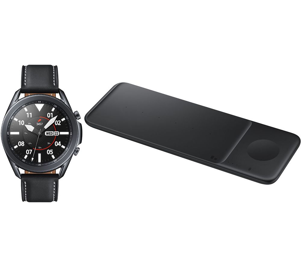 SAMSUNG Galaxy Watch3 4G & Wireless Charger Trio Bundle - Mystic Black, 45 mm, Black