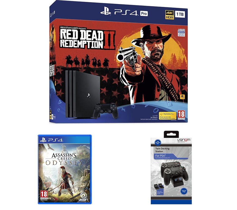 SONY PlayStation 4 Pro, Red Dead Redemption 2, Assassins Creed Odyssey & Twin Docking Station Bundle, Red