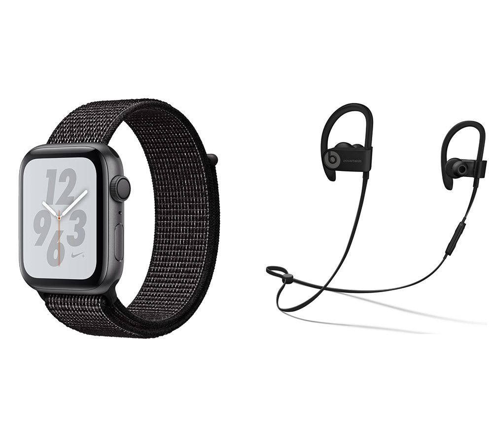 APPLE Watch Series 4 Nike & Powerbeats3 Wireless Bluetooth Headphones Bundle - Space Grey & Black Sports Band, 44 mm, Grey