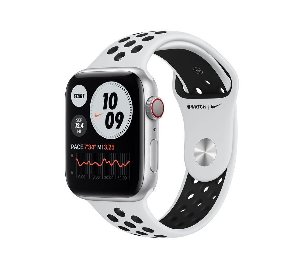 APPLE Watch Series 6 Cellular - Silver Aluminium with Pure Platinum & Black Nike Sports Band, 44 mm, Silver