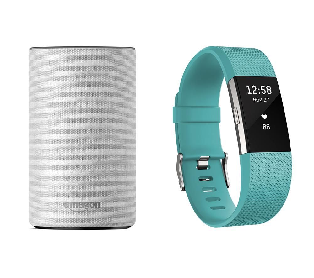 FITBIT Charge 2 (Teal, Large) & Amazon Echo (Sandstone) Bundle, Teal