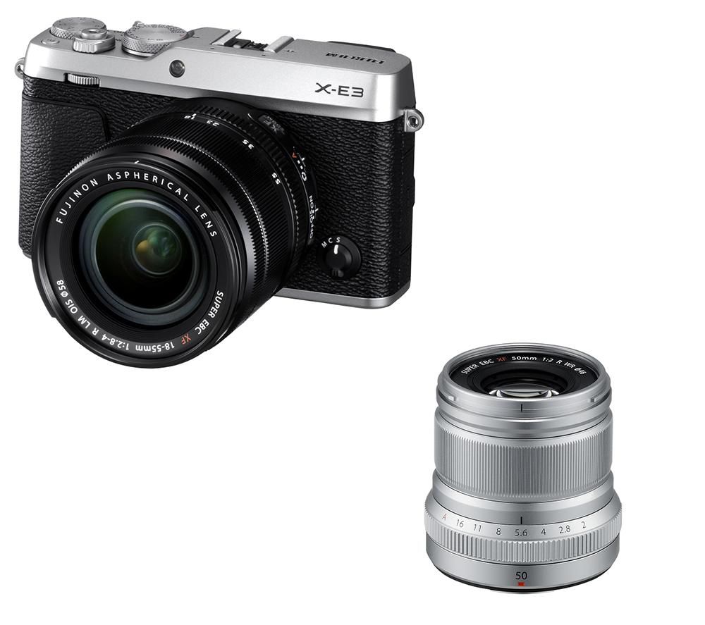 FUJIFILM X-E3 Mirrorless Camera, XF 18-55 mm f/2.8-4 R LM IOS Lens & Fujinon XF 50 mm f/2 WR Standard Prime Lens Bundle - Silver, Silver