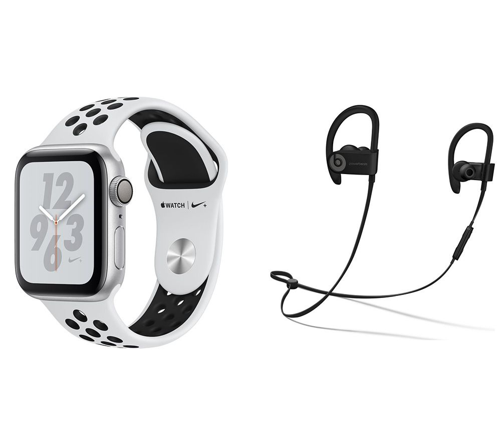 APPLE Watch Nike Series 4 & Powerbeats3 Wireless Bluetooth Headphones Bundle - Silver & Platinum Sports Band, 40 mm, Silver