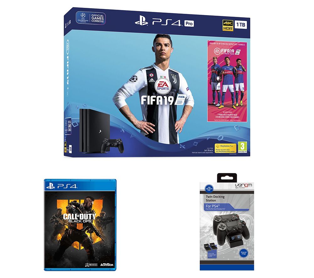 SONY PlayStation 4 Pro, FIFA 19, Call of Duty: Black Ops 4 & Twin Docking Station Bundle, Black