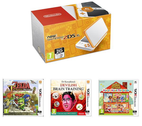 NINTENDO 2DS XL, Devilish Brain Training, Zelda: Tri Force Heroes & Animal Crossing: Happy Home Designer Bundle, White