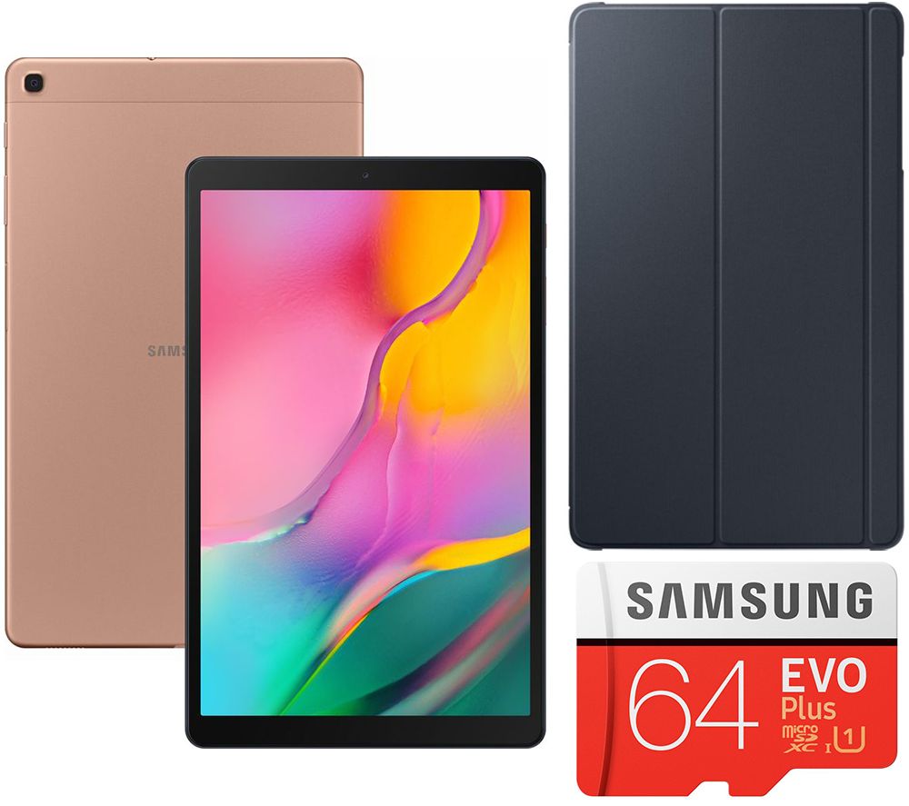 SAMSUNG Galaxy Tab A 10.1" Tablet (2019), Evo Plus 64 GB microSD Memory Card & Book Cover Bundle - 32 GB, Gold, Gold