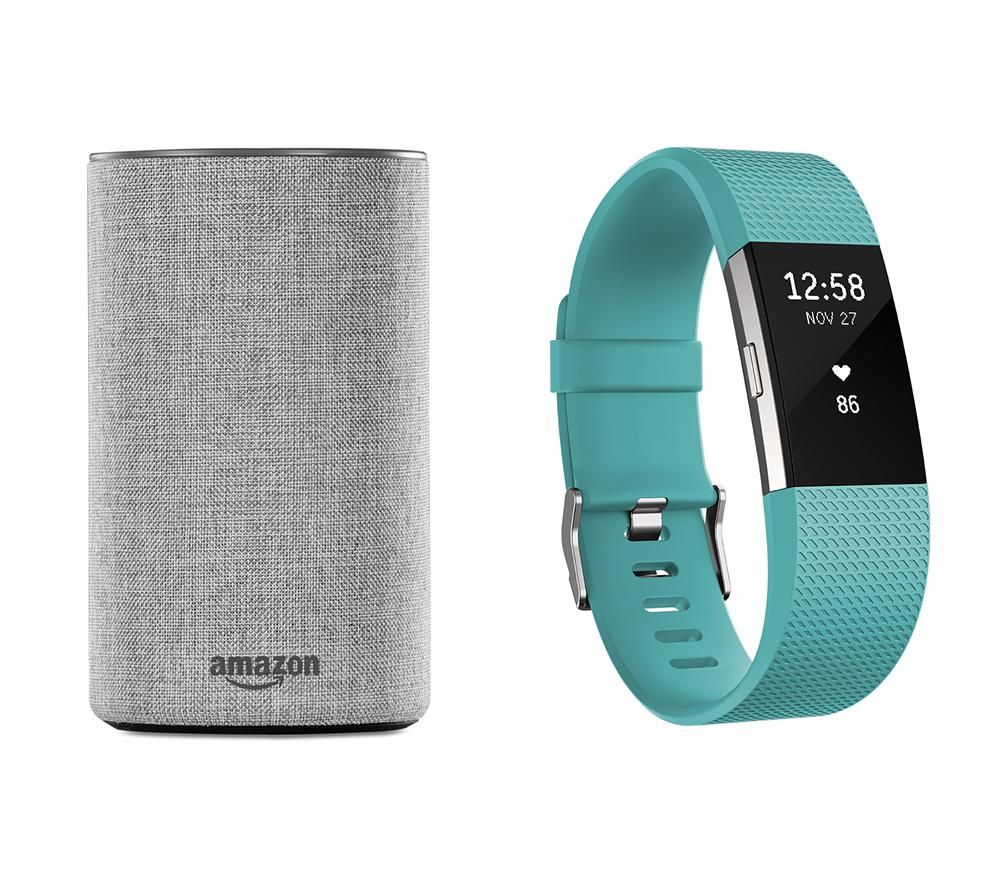 FITBIT Charge 2 (Teal, Small) & Amazon Echo (Heather Grey) Bundle, Teal