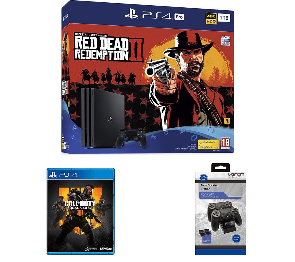 SONY PlayStation 4 Pro, Red Dead Redemption 2, Call of Duty: Black Ops 4 & Twin Docking Station Bundle, Red