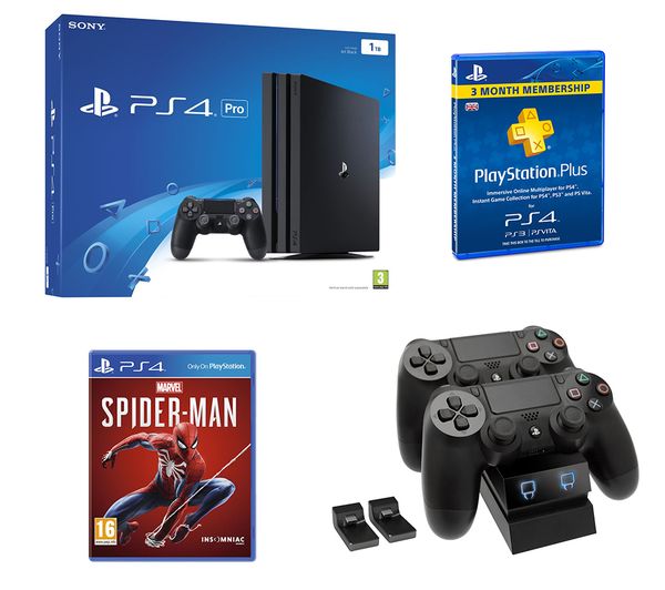 SONY PlayStation 4 Pro, Spider-Man, Twin Docking Station & PlayStation Plus Bundle, Red
