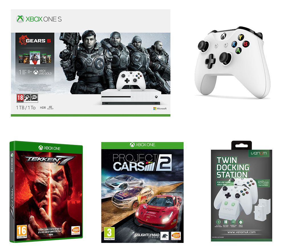 Microsoft Xbox One S, Gears 5 Special Edition, Tekken 7, Project Cars 2, Wireless Controller & Twin Docking Station Bundle, Gold