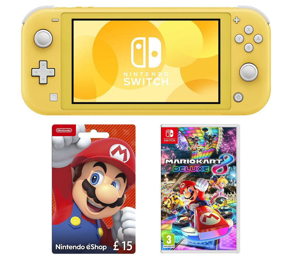 NINTENDO Switch Lite, Mario Kart 8 Deluxe & eShop £15 Gift Card Bundle - Yellow, Yellow