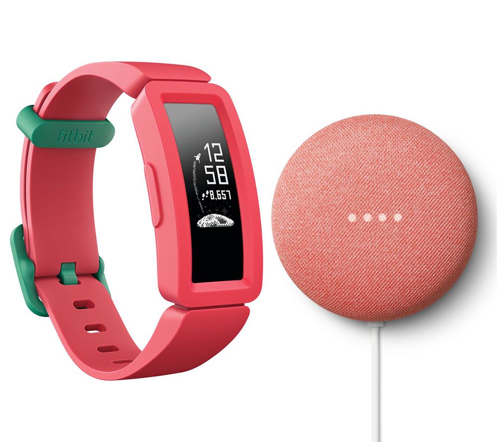 FITBIT Ace 2 Kid's Fitness Tracker & Nest Mini (2nd Gen) Coral Bundle - Watermelon & Teal, Coral